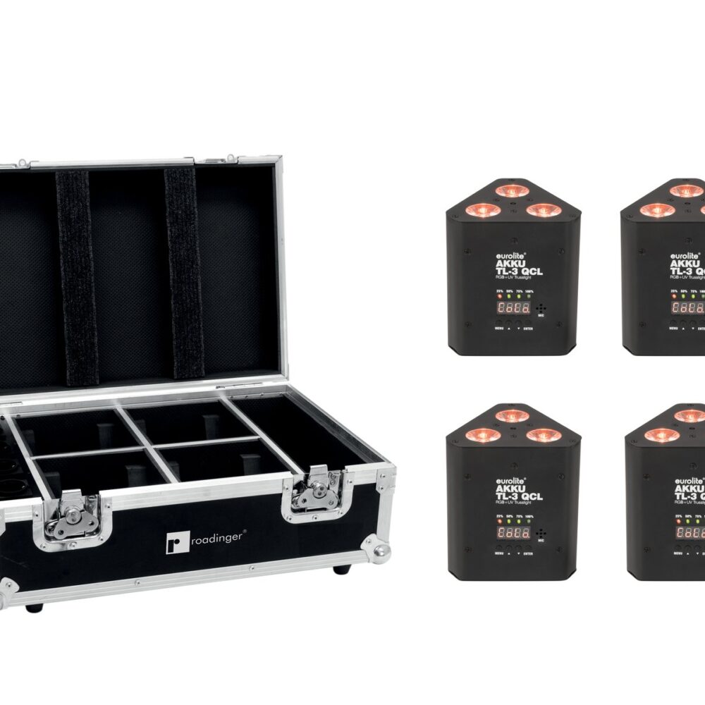 EUROLITE Set 4x AKKU TL-3 QCL RGB+UV Trusslight + Case with charging function