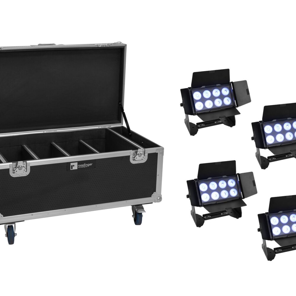 EUROLITE Set 4x AKKU Multiflood IP 8x10W RGBW Wash CRMX + Case with charging function